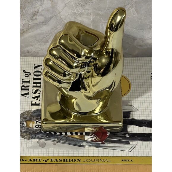 Ceramic Thumbs Up Sign Hand Sculpture Figurine Metallic Gold Tone Figural Decor - Picture 14 of 15